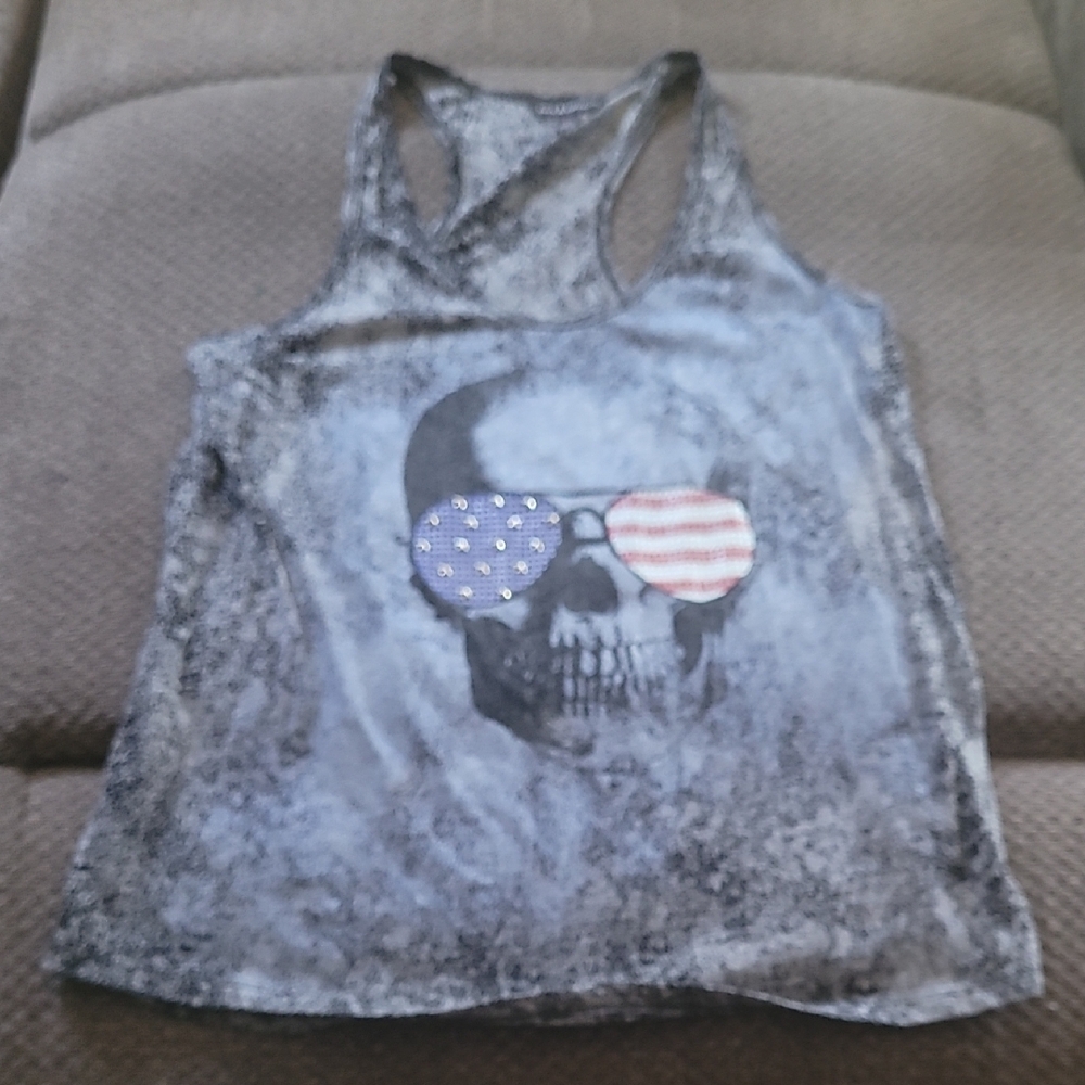 Gray Skull Tank Top with American Flag Sunglasses
